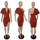 Custom Logo Women's Customized Printing Clothing Summer Stylish Backless V-Neck One Sleeve Slit Women's Customized Printing Dress