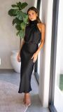 Summer Chic Women's Sleeveless Halter Neck Solid Satin Dress