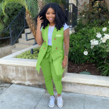 Custom Logo Women's Customized Printing Ol Office Two-Piece Solid Color Blazer Vest Jacket With Belt Pants Set