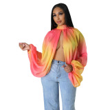 Women's Summer Lace-Up Printed Chiffon Shirt Bat Sleeves Top