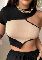 Contrast Color One Shoulder Sexy Short Sleeve Top Women Summer Ribbed Slim Fit Crop T-Shirt Contrast Color One Shoulder Sexy Short Sleeve Top Women Summer Ribbed Slim Fit Crop T-Shirt
