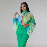 Women's Summer Lace-Up Printed Chiffon Shirt Bat Sleeves Top