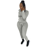 Custom Logo Women's Customized Printing Fashion Casual Sport Solid Zipper Hooded Tracksuit Two-Piece Pants Set