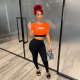 Custom Logo Women's Customized Printing Clothing Fashionable Color Matching Crop Short Sleeve Two-Piece Pants Set