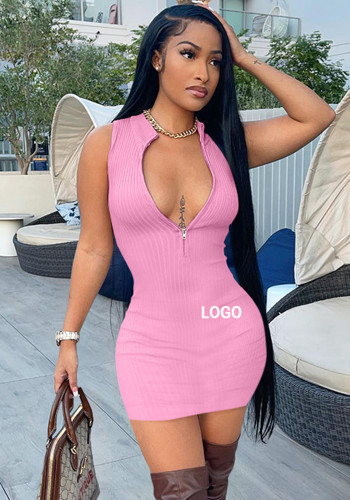 Custom Logo Women's Customized Printing Ribbed Zip Sleeveless Bodycon Dress