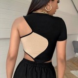 Contrast Color One Shoulder Sexy Short Sleeve Top Women Summer Ribbed Slim Fit Crop T-Shirt