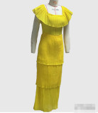 Dress Yellow Chiffon Off Shoulder Low Back Slim Beach Holidays Pleated Maxi Dress