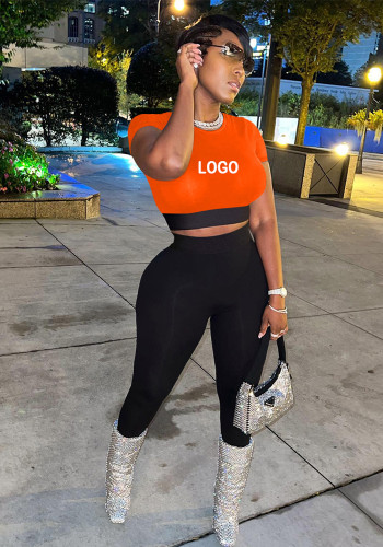 Custom Logo Women's Customized Printing Clothing Fashionable Color Matching Crop Short Sleeve Two-Piece Pants Set