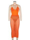 Summer Women's Fashion Sexy Straps Backless One-Piece Bodysuit Top Hollow Knitting Skirt Two Piece Set
