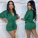 Summer Fashion Ladies Solid Color Sexy V Neck Short Sleeves Drawstring Jumpsuit