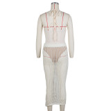 Summer Women's Fashion Sexy Straps Backless One-Piece Bodysuit Top Hollow Knitting Skirt Two Piece Set