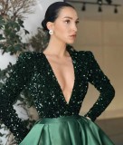 Feminine Long-Sleeved Sequin V-Neck Swing Sequin Slit Long Evening Dress