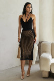 Summer Women's Fashion Sexy Straps Backless One-Piece Bodysuit Top Hollow Knitting Skirt Two Piece Set