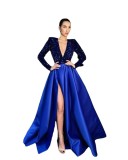 Feminine Long-Sleeved Sequin V-Neck Swing Sequin Slit Long Evening Dress