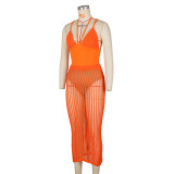 Summer Women's Fashion Sexy Straps Backless One-Piece Bodysuit Top Hollow Knitting Skirt Two Piece Set