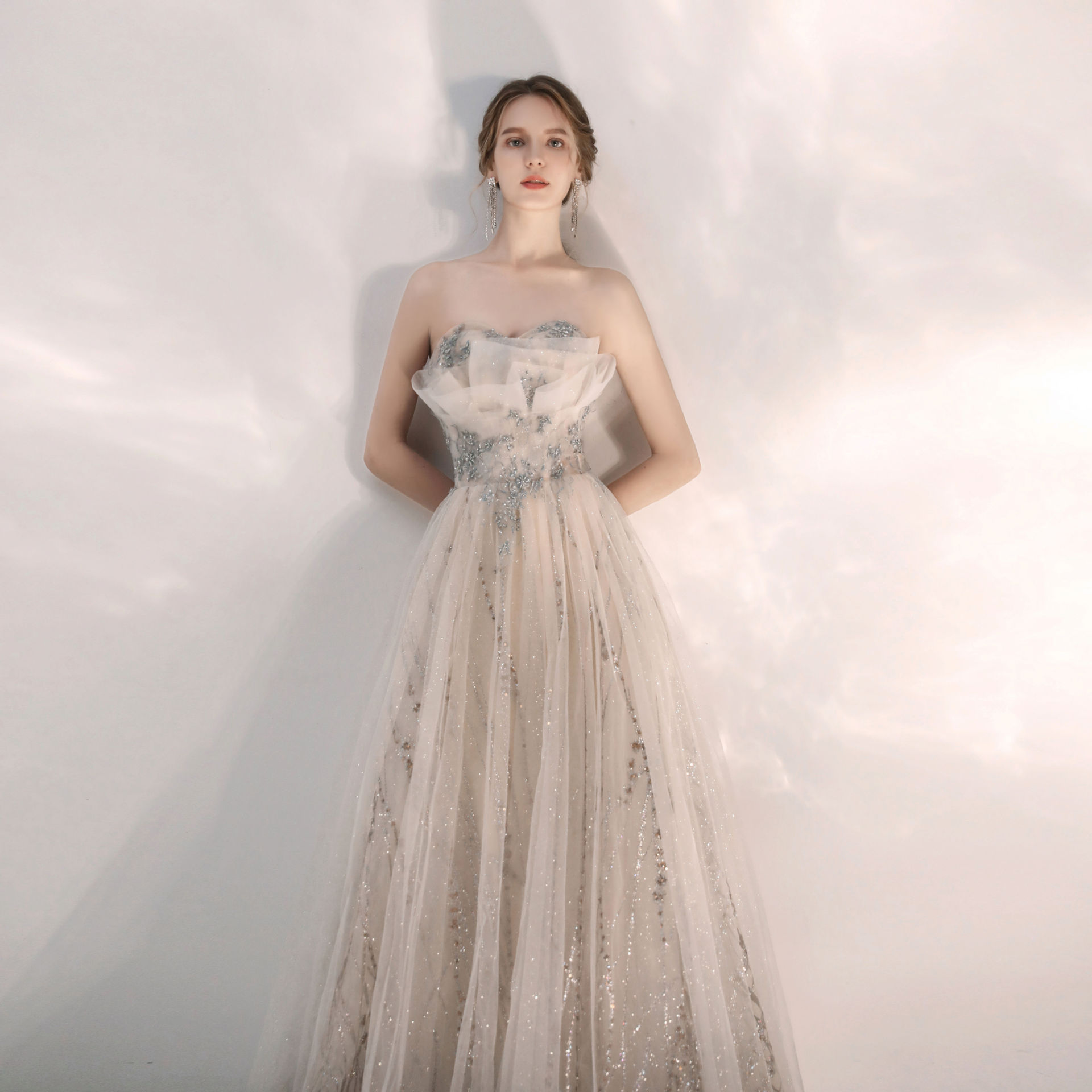 Elegant Strapless Long Slim Fit Bridesmaid Beaded Formal Party Evening Dress For Women(Processing time need 3-6 days)