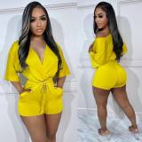Summer Fashion Ladies Solid Color Sexy V Neck Short Sleeves Drawstring Jumpsuit