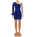 Summer Women's Sexy Tight Fitting Sequin Slash Shoulder Feather Sleeves Bodycon Dress