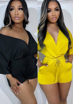 Summer Fashion Ladies Solid Color Sexy V Neck Short Sleeves Drawstring Jumpsuit