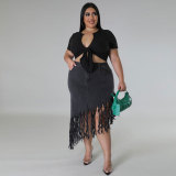 Plus Size Women Fringe Denim Skirt