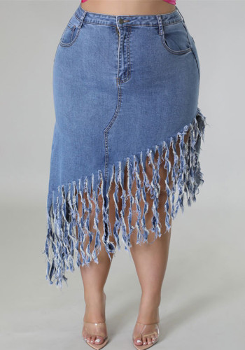 Plus Size Women Fringe Denim Skirt