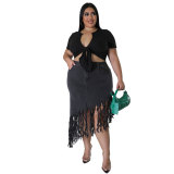 Plus Size Women Fringe Denim Skirt
