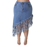 Plus Size Women Fringe Denim Skirt