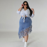 Plus Size Women Fringe Denim Skirt