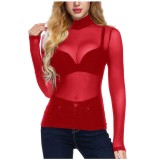 Women See-Through Sexy Mesh Basic Long Sleeve T-Shirt
