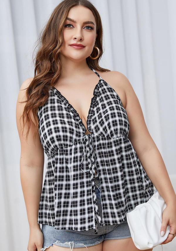 Plus Size Women's Summer Halter Strapless Plaid Top Sexy Blouse