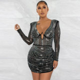 Sexy Slim Beaded Bodycon Deep V See-Through Dress