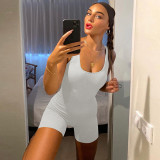 Summer women's solid color u-neck slim fit Low Back Jumpsuit