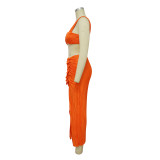 Pleated Sexy Low Back Camisole Top Split Pleated Skirt Set