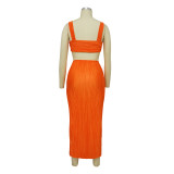 Pleated Sexy Low Back Camisole Top Split Pleated Skirt Set