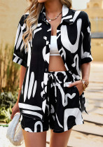 Fashion Printed Set Women Summer Loose Casual Shirt + Shorts Two-Piece Set