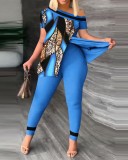 Women Summer Casual Slit Slash Shoulder Print Top and Pant Two-Piece Set