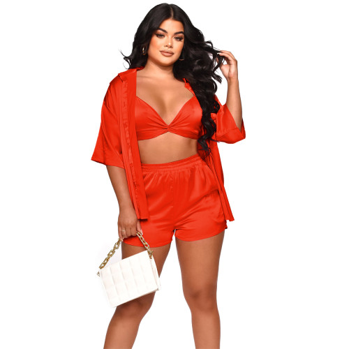 Women Clothing Casual Solid Shorts Three-Piece