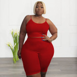 Plus Size Women Casual Sport U-Shape Sleeveless Top and Short Two-Piece Set