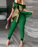 Women Summer Casual Slit Slash Shoulder Print Top and Pant Two-Piece Set