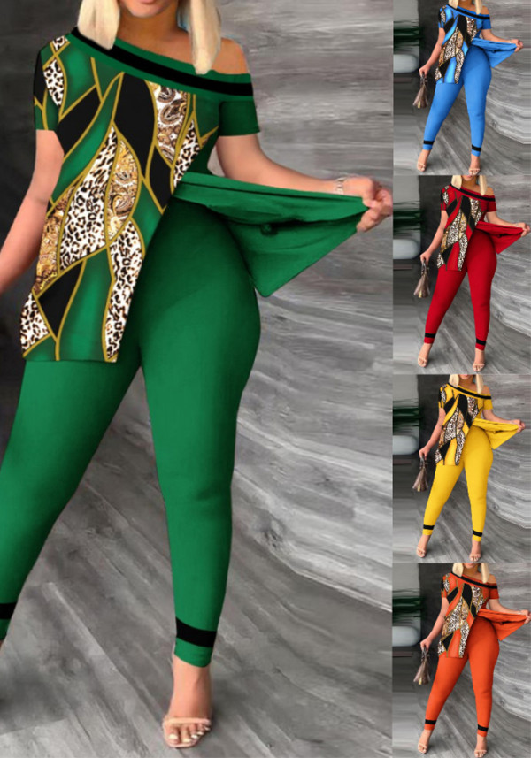 Women Summer Casual Slit Slash Shoulder Print Top and Pant Two-Piece Set