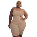 Plus Size Women Casual Sport U-Shape Sleeveless Top and Short Two-Piece Set