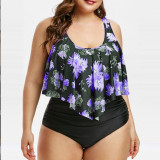 Plus Size Women Printed Stripe Bikini Two Pieces