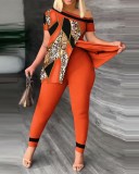 Women Summer Casual Slit Slash Shoulder Print Top and Pant Two-Piece Set