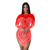 Women's Fashion Solid Color Mesh Beaded Long Sleeve Dress