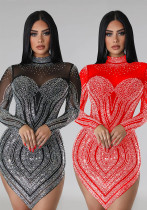 Women's Fashion Solid Color Mesh Beaded Long Sleeve Dress