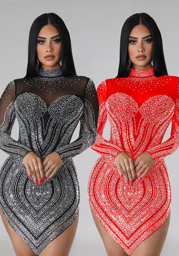 Women's Fashion Solid Color Mesh Beaded Long Sleeve Dress