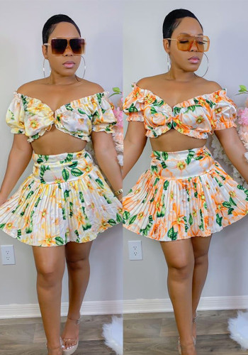Floral Printed Ruffle Off Shoulder Short Sleeve Top + Pleated Skirt Two Piece Set