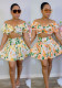 Floral Printed Ruffle Off Shoulder Short Sleeve Top + Pleated Skirt Two Piece Set