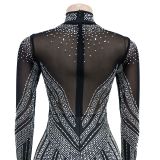Women's Fashion Solid Color Mesh Beaded Long Sleeve Dress