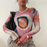 Autumn Round Neck Pullover Long Sleeve Mesh Print Crop Top T-Shirt Women